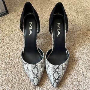 MIA Black and White Snakeskin d'Orsay Heels